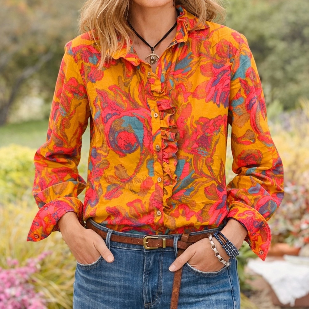 Sundance Ruffled Floral Button-Down Blouse Mustard Yellow Pink Blue Size PL